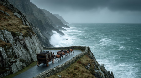A stunning coastal view features a horse-drawn carriage navigating a winding path along rugged cliffs, with crashing waves and dramatic storm clouds overhead.の素材