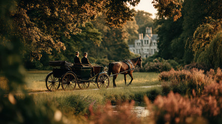 A beautiful scene featuring an elegant horse-drawn carriage meandering through a scenic park. The warm golden hour light enhances the tranquil atmosphere.の素材