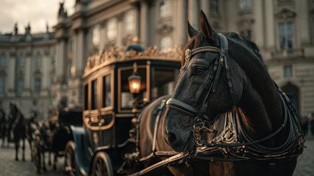 A stunning black horse is poised elegantly beside a vintage carriage, set against a majestic historic building. A perfect scene for capturing travel and heritage moments.の素材