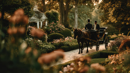 A charming horse carriage ride through a beautiful garden at sunset, showcasing tranquil scenery, lush greenery, and blooming flowers, perfect for romantic moments.の素材