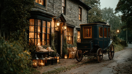 A beautiful vintage horse-drawn carriage parked near a charming country cottage, surrounded by glowing lanterns, creating a warm, inviting atmosphere in the evening light.の素材