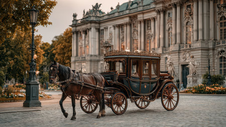 A stunning horse-drawn carriage stands majestically against a historic building, capturing the essence of elegance, travel, and nostalgia in a picturesque city setting.の素材