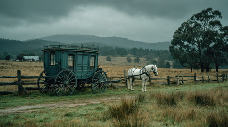 A vintage horse-drawn carriage sits peacefully in a lush rural landscape, surrounded by a serene field and distant mountains under a cloudy sky.の素材