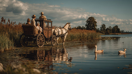 A charming vintage carriage by a serene lake, with passengers enjoying the moment. Ducks glide across the water, reflecting the idyllic landscape.の素材