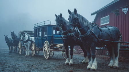 A serene scene of majestic horses in harness next to a classic carriage on a foggy farm. This tranquil setting captures the essence of rural life and tradition.の素材