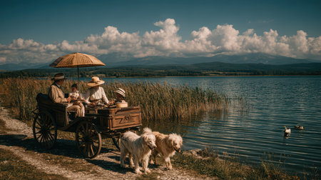A serene family gathering by a tranquil lake featuring a vintage wagon, smiling faces, playful dogs, and picturesque nature, evoking joy and togetherness.の素材