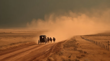 A horse-drawn carriage moves along a dusty dirt road under stormy skies. The scene captures the essence of rural journey through nature's beauty and adventure.の素材