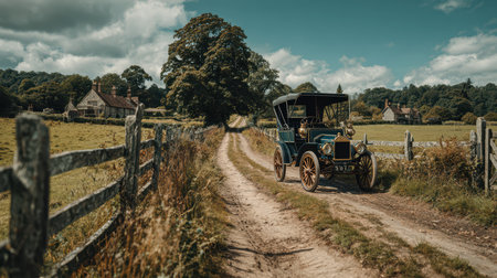 A classic vintage car parked on a peaceful rural road, surrounded by lush greenery and charming farmhouse scenery under a bright blue sky.の素材
