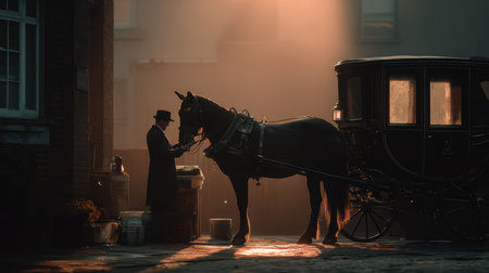 A tranquil scene of a man interacting with a horse near a vintage carriage during dusk, illuminated by soft warm light, evoking a sense of nostalgia and elegance.の素材