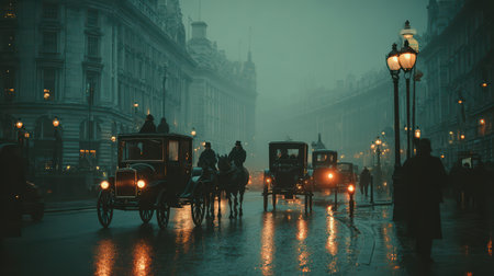 A captivating scene depicts vintage horse-drawn carriages on a foggy city street at night, illuminated by streetlights. The atmosphere is filled with mystery and nostalgia.の素材