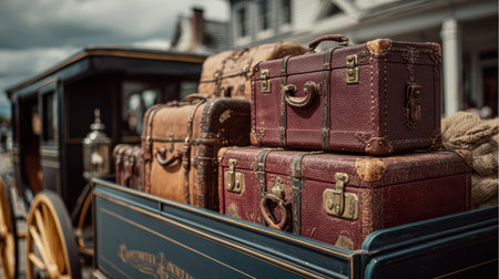 A beautifully arranged collection of vintage luggage atop a horse-drawn carriage, showcasing travel's rich history and timeless elegance in a picturesque outdoor setting.の素材