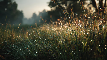Captivating morning scene showing dew-covered grass bathed in soft sunlight. The landscape evokes a sense of peace and connection with nature.の素材