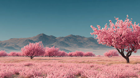 Vibrant landscape featuring pink blossom trees in full bloom with mountains in the background, showcasing nature's beauty in a serene spring scene.の素材