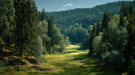 A breathtaking view of a lush green valley nestled among towering trees and forests. The scene captures the beauty of nature, with sunlight filtering through the foliage.の素材
