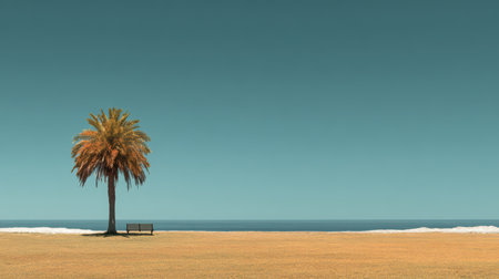 A serene scene featuring a tall palm tree and an empty bench on a grassy shore, with a calm sea and clear sky. Perfect for evoking relaxation and tranquility.の素材