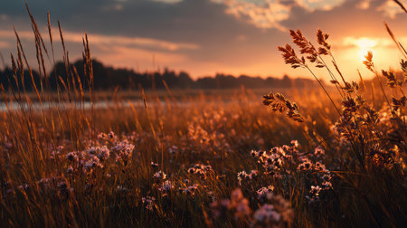 A serene sunset captures a flowering meadow in full bloom, showcasing nature's beauty with warm tones and soft light. This tranquil scene evokes peace and harmony.の素材