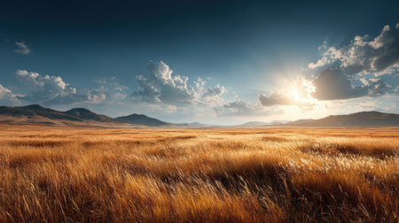 A breathtaking view of a sunset over a vast grassy plain, with majestic mountains in the distance. The golden hues of the field illuminated by soft sunlight create a tranquil atmosphere.の素材