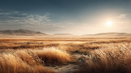 A stunning view of an expansive grassland illuminated by the warm glow of sunrise. The scene captures the tranquility and beauty of nature, showcasing golden grasses swaying gently under the clear blue sky.の素材