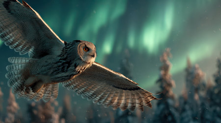 A stunning owl soars gracefully through a snowy forest, illuminated by the vibrant colors of the northern lights. This captivating scene showcases the beauty of wildlife and the magic of nature's phenomena.の素材