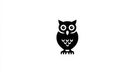 Charming black owl silhouette with large eyes set on a clean white background, perfect for designs related to nature, wildlife, and playful themes.の素材