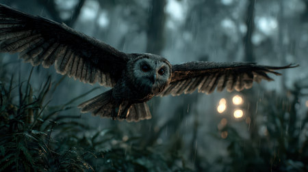 A captivating image of an owl soaring through a misty forest, surrounded by rainfall. The ethereal atmosphere and dark tones enhance the mystical feel of nature's beauty.の素材