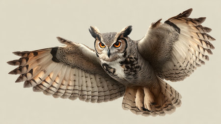 An elegant owl takes flight, showcasing its detailed feathers and intense gaze. This stunning portrayal captures the beauty and grace of this majestic bird in nature.の素材