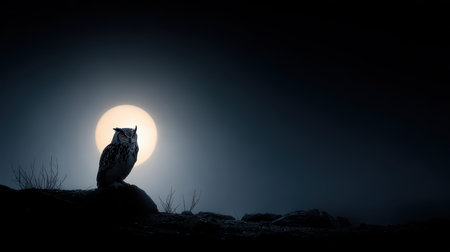 A captivating silhouette of an owl perched on a rock, illuminated by the glow of a full moon. The serene night sky fills the scene with mystique and tranquility.の素材