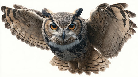 A stunning image of an owl in mid-flight, showcasing intricate feather patterns and piercing eyes. This portrayal captures the elegance and beauty of wildlife in its natural habitat.の素材