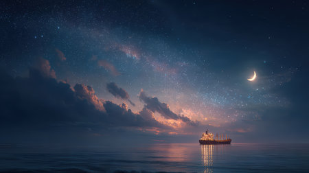 A tranquil scene of a ship sailing on a calm ocean under a star-filled sky. The crescent moon adds a serene glow to the horizon, creating a picturesque view.の素材