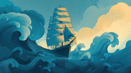 A stunning illustration of a majestic ship navigating through dynamic blue waves, capturing the beauty and power of the ocean and the adventure of sailing.の素材