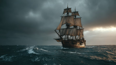 A majestic ship navigates tumultuous waters under a dark, stormy sky. The dramatic atmosphere evokes a sense of adventure and exploration on the high seas.の素材