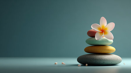 A tranquil arrangement of colorful stones topped with a plumeria flower, perfect for evoking feelings of peace and relaxation in any serene space.の素材