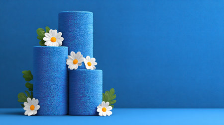 A serene arrangement of blue towels stacked with white daisy flowers on a vibrant blue background, perfect for spa, wellness, and relaxation themes.の素材