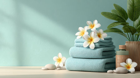 Discover a serene spa setting showcasing soft towels, delicate flowers, and natural elements. Perfect for conveying relaxation, beauty, and wellness themes.の素材
