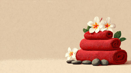 A peaceful and inviting spa scene featuring neatly stacked red towels adorned with fresh flowers and smooth stones, ideal for wellness and relaxation themes.の素材