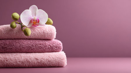 A serene stack of soft pink towels topped with a delicate orchid creates a tranquil spa atmosphere. Ideal for beauty, wellness, or relaxation themes.の素材