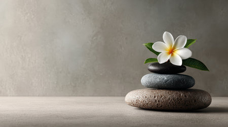 This serene image features stacked stones accompanied by a delicate plumeria flower, creating a peaceful atmosphere ideal for wellness and relaxation themes.の素材
