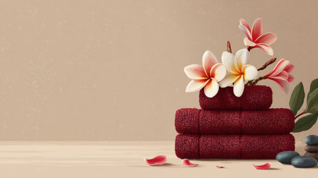 A serene spa scene featuring stacked towels, delicate flowers, and smooth stones. Perfect for wellness, relaxation, and beauty-themed projects.の素材