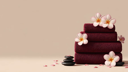 A serene spa setup featuring stacked towels, elegant plumeria flowers, and smooth stones. Perfect for relaxation, wellness, and tranquility in any space.の素材