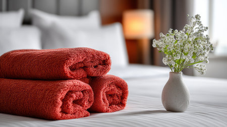 Experience comfort in a hotel room featuring plush red towels and a delicate white flower in a minimalist vase, creating a serene and inviting atmosphere.の素材