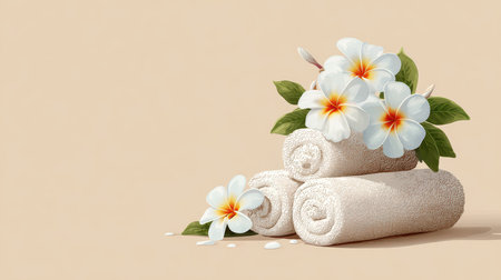 A serene arrangement of soft towels topped with beautiful white tropical flowers, perfect for spa and wellness themes, promoting relaxation and beauty.の素材