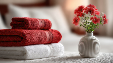 A serene and inviting scene featuring soft red and white towels stacked neatly next to a vibrant flower arrangement in a modern vase, enhancing a cozy bathroom environment.の素材
