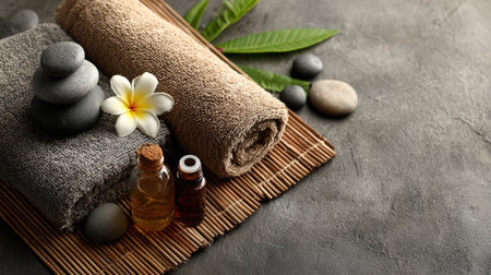 A serene spa setting featuring soft towels, smooth stones, and essential oils, ideal for promoting relaxation and self-care in a tranquil atmosphere.の素材