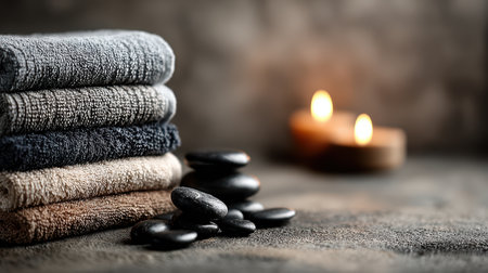 Discover a tranquil spa scene featuring neatly stacked towels, smooth stones, and gentle candlelight, perfect for promoting relaxation and well-being.の素材