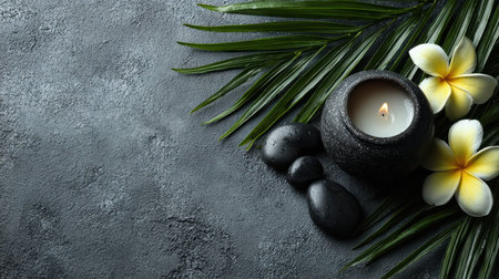Discover tranquility with this serene spa setup featuring a lit candle, smooth stones, lush leaves, and delicate flowers to promote relaxation and wellness.の素材