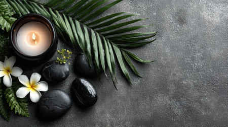 Enhance your wellness journey with this serene spa arrangement featuring a glowing candle, smooth stones, and lush greenery. Perfect for relaxation.の素材