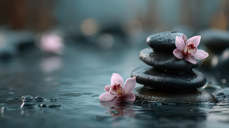 A soothing spa scene featuring stacked smooth stones with delicate pink orchids beside them. The tranquil water enhances the serene atmosphere ideal for relaxation and wellness themes.の素材