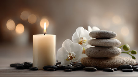 A serene spa scene featuring a lit candle, smooth stones, and delicate orchid flowers, creating an atmosphere of relaxation and tranquility perfect for wellness therapy.の素材