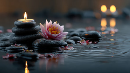 A calming composition featuring stacked stones, a delicate water lily, and flickering candles, creating a peaceful atmosphere ideal for relaxation and meditation.の素材