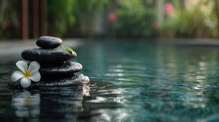 A serene view of stacked stones beside a calm water surface, featuring a delicate flower. This image conveys tranquility and relaxation in a natural garden setting, ideal for wellness and meditation themes.の素材